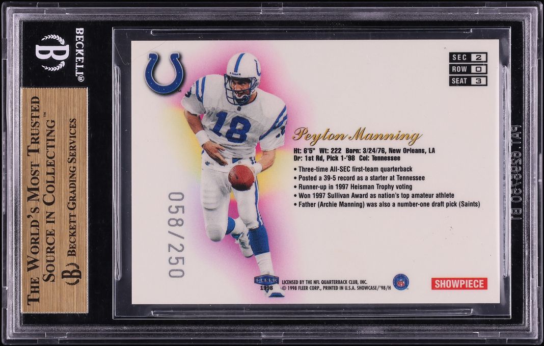 1998 Flair Showcase Row 0 Peyton Manning ROOKIE /250 #3 BGS 9.5 GEM MINT - Photo 2