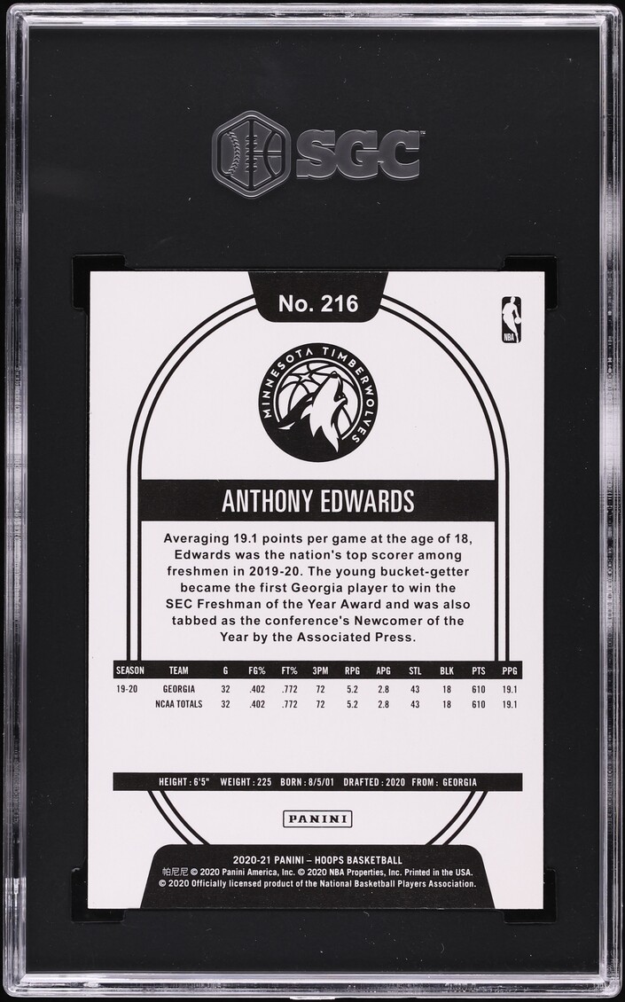 2020 Hoops Anthony Edwards ROOKIE #216 SGC 10 GEM MINT