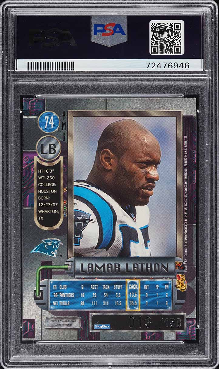 1997 Metal Universe Precious Metal Gems PMG Green Lamar Lathon /15 #74 PSA 8