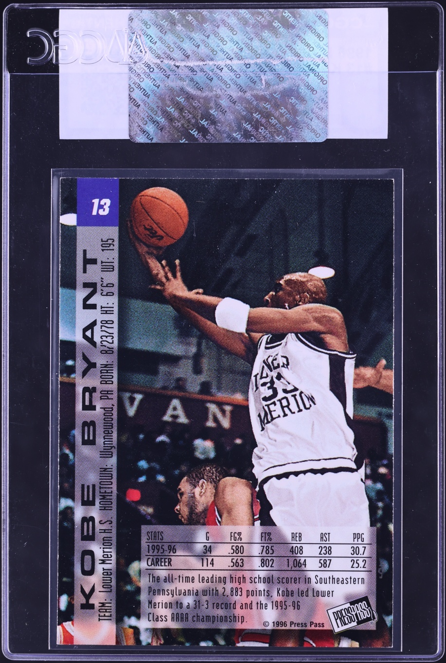 1996 Press Pass Basketball Kobe Bryant ROOKIE #13 CGC AUTH