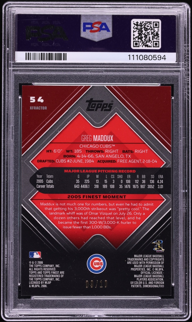 2006 Finest Gold Xfractor Greg Maddux /10 #54 PSA 10 GEM MINT - Photo 2