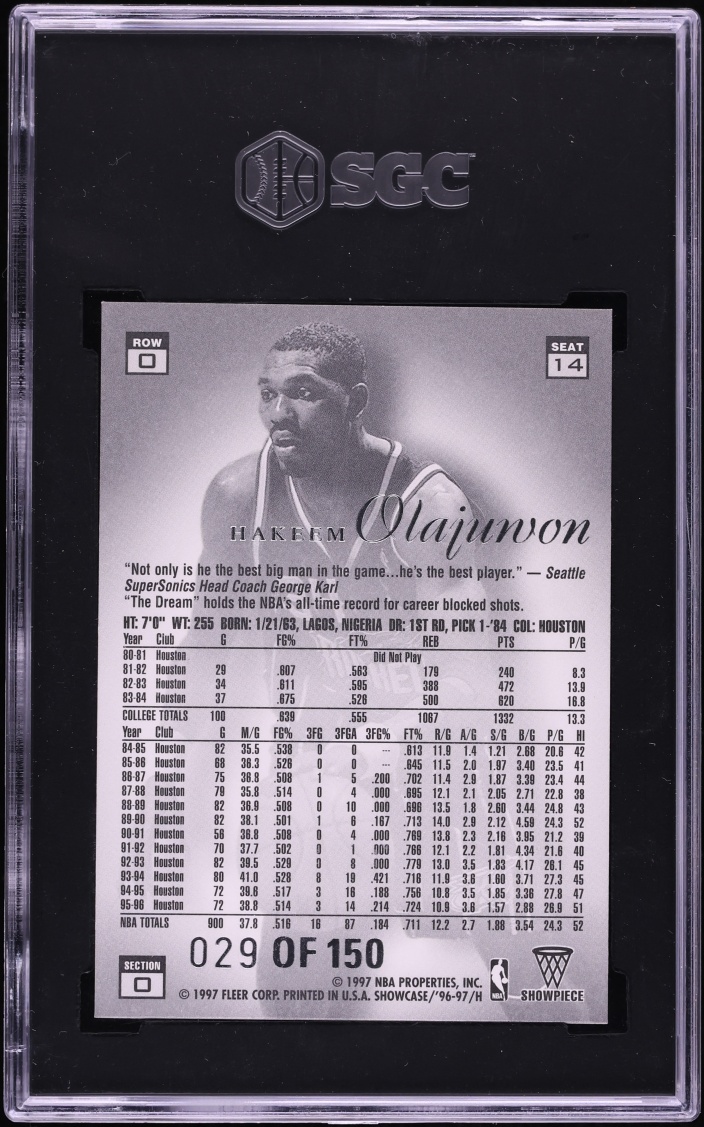 1996 Flair Showcase Legacy Collection Row 0 Hakeem Olajuwon /150 #14 SGC 9 MINT - Photo 2