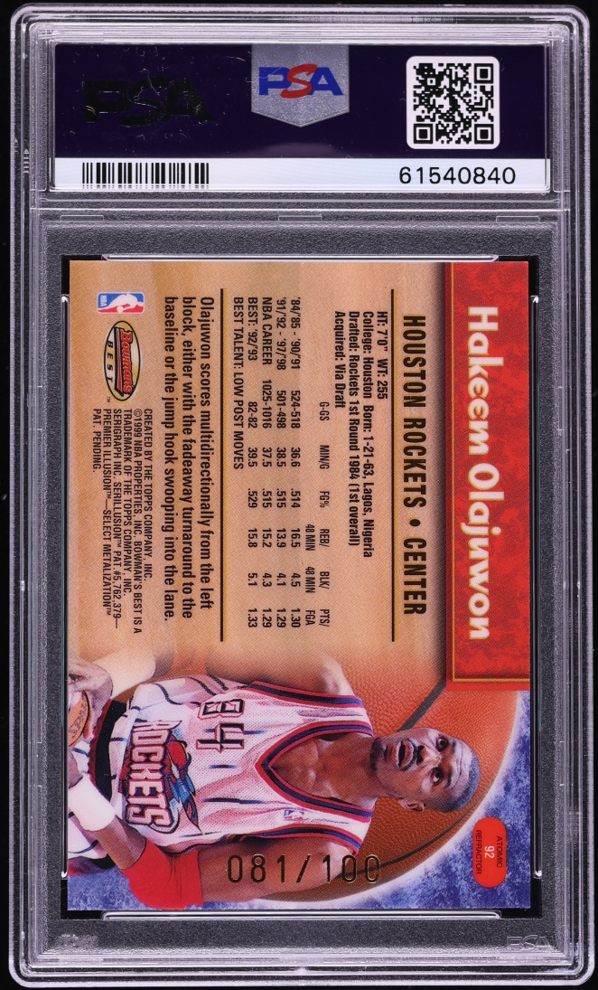 1998 Bowman's Best Atomic Refractor Hakeem Olajuwon /100 #92 PSA 9 MINT - Photo 2