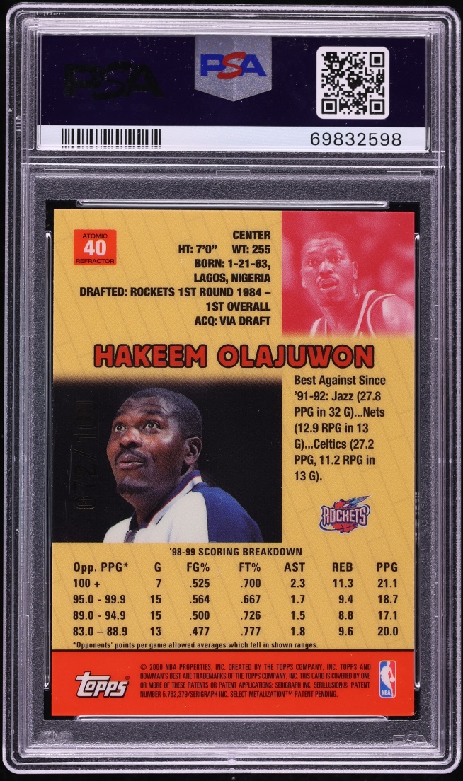 1999 Bowman's Best Atomic Refractor Hakeem Olajuwon #40 PSA 9 MINT - Photo 2