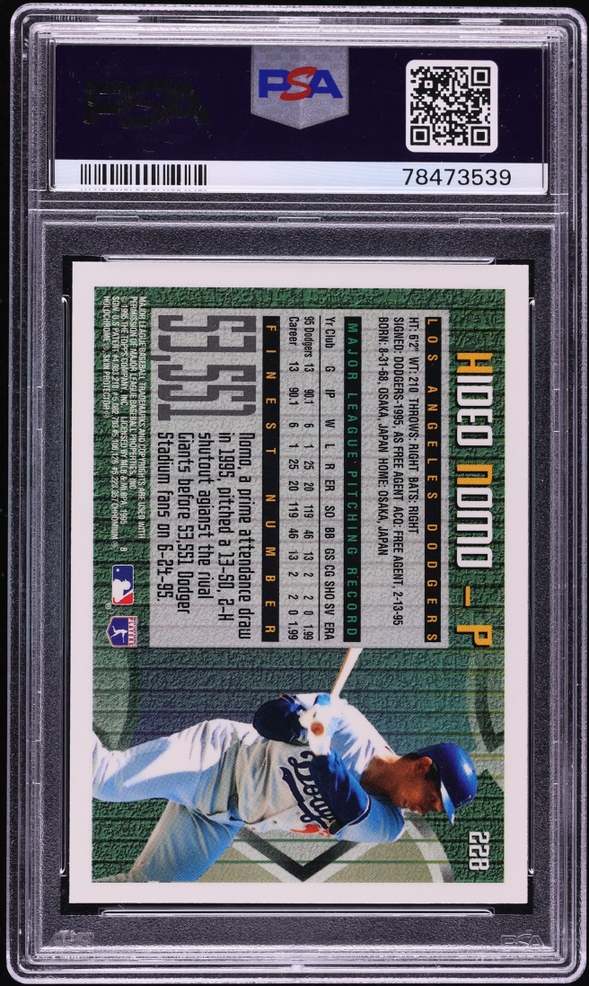1995 Finest w/ Coating Hideo Nomo ROOKIE #228 PSA 10 GEM MINT - Photo 2