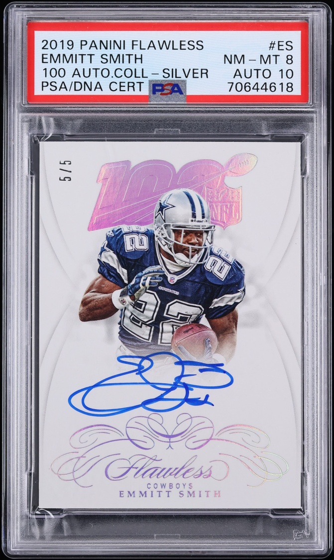 2019 Panini Flawless NFL 100 Collection Silver Emmitt Smith AUTO DNA 10 5/5 #NFL100-ES PSA 8