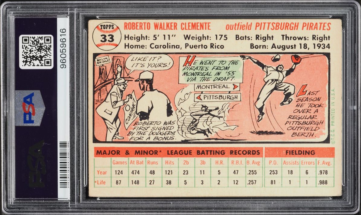 1956 Topps Roberto Clemente WHITE BACK #33 PSA 1 PR
