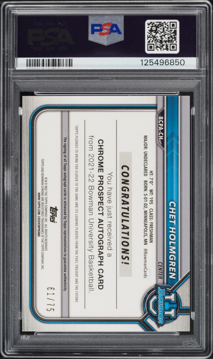 2021 Bowman Chrome University Yellow Refractor Chet Holmgren ROOKIE AUTO /75 #BCPA-CH PSA 8