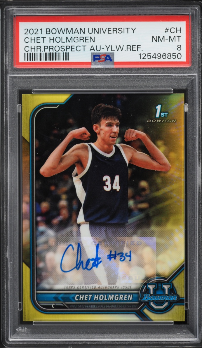 2021 Bowman Chrome University Yellow Refractor Chet Holmgren ROOKIE AUTO /75 #BCPA-CH PSA 8