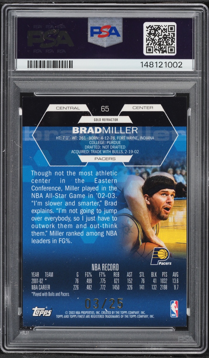 2002 Finest Gold Refractor Brad Miller /25 #65 PSA 9 MINT