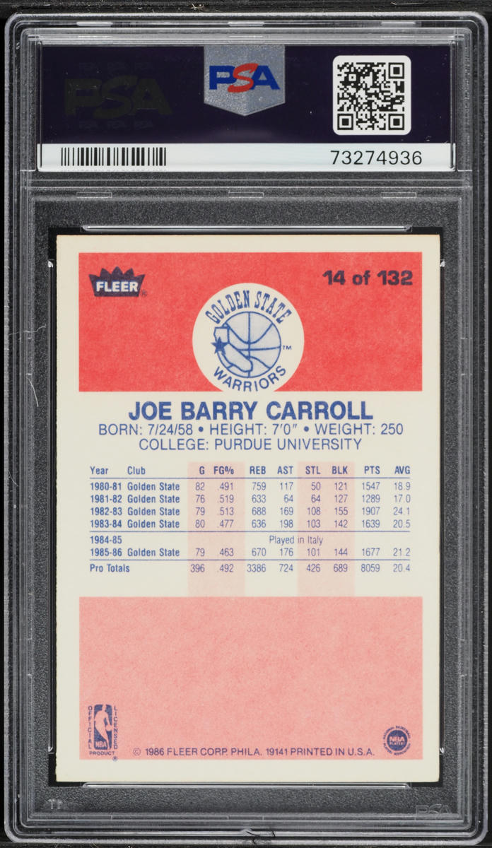 1986 Fleer Basketball Joe Barry Carroll #14 PSA 5 EX