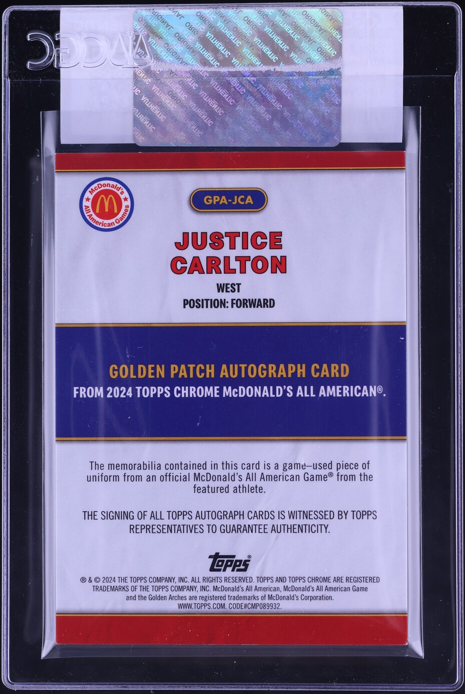 2024 Topps Chrome McDonald's Tie-Dye Justice Carlton ROOKIE PATCH AUTO ...