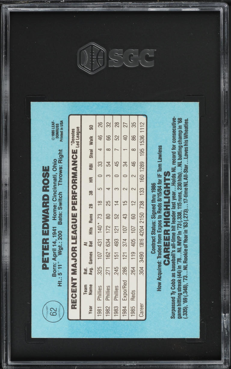 1986 Donruss Pete Rose #62 SGC 8 NM-MT