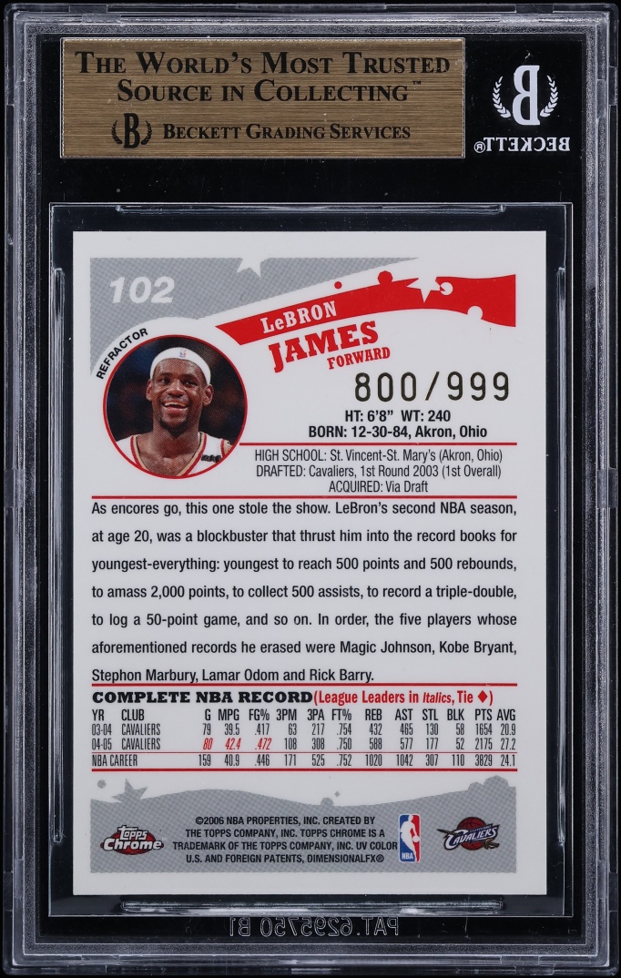 2005 Topps Chrome Refractor LeBron James /999 #102 BGS 9.5 GEM MINT - Photo 2