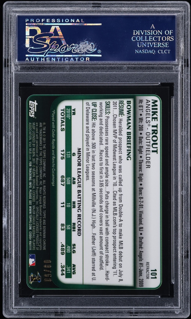 2011 Bowman Chrome Draft Gold Refractor Mike Trout ROOKIE /50 #101 PSA 10 GEM MINT - Photo 2
