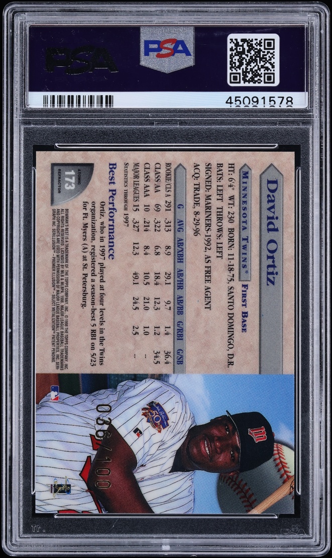 1998 Bowman's Best Atomic Refractor David Ortiz /100 #173 PSA 9 MINT - Photo 2