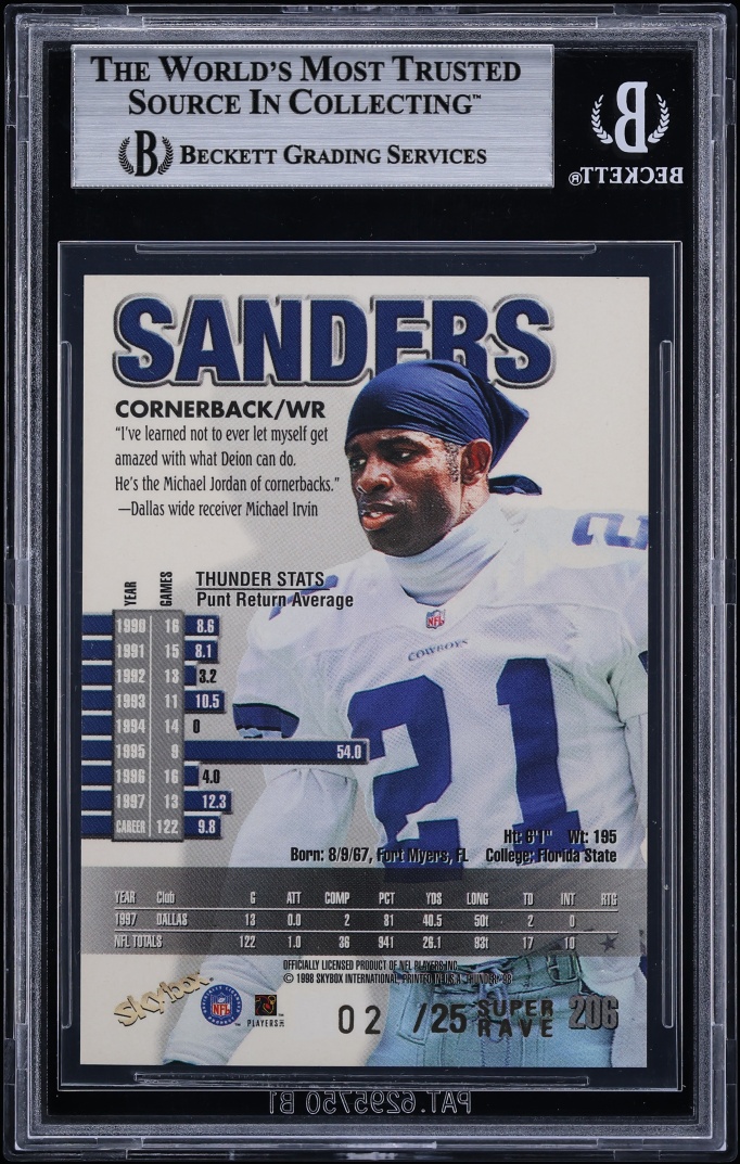 1998 Skybox Thunder Super Rave Deion Sanders /25 #206 BGS 8 NM-MT - Photo 2