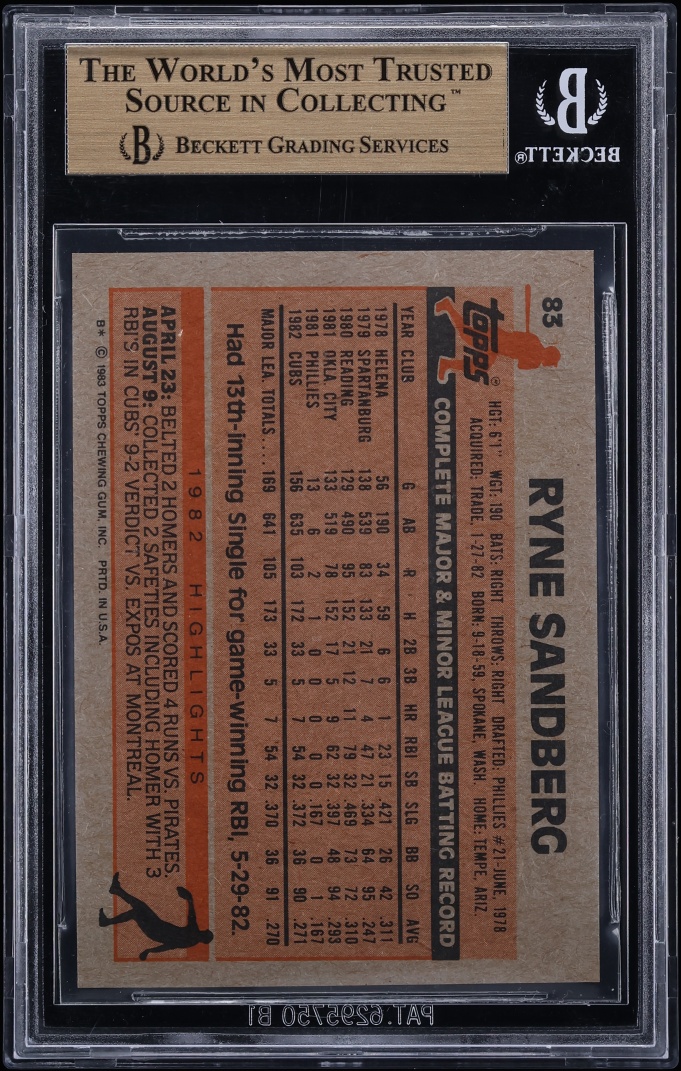 1983 Topps Ryne Sandberg ROOKIE #83 BGS 10 PRISTINE - Photo 2