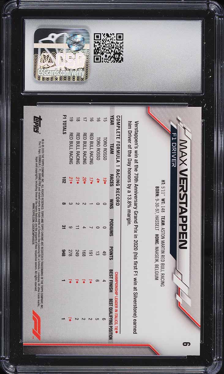 2020 Topps Chrome Formula 1 F1 Max Verstappen #6 CSG 9 MINT