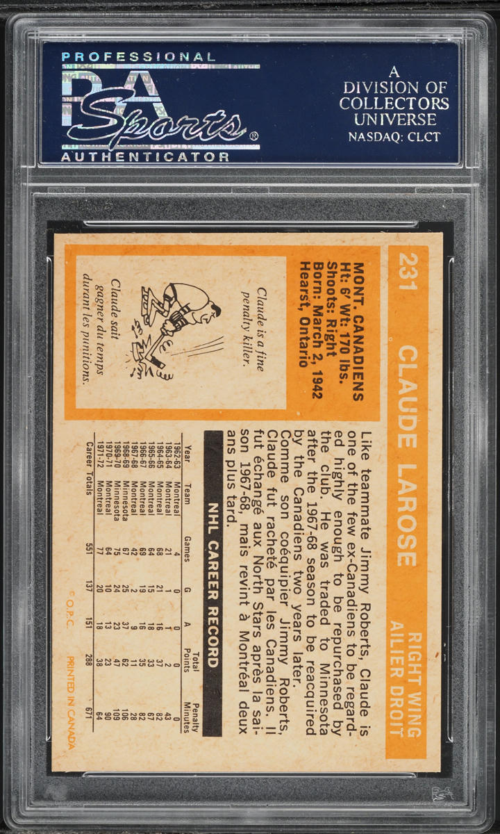 1972 O-Pee-Chee Hockey Claude Larose #231 PSA 8 NM-MT