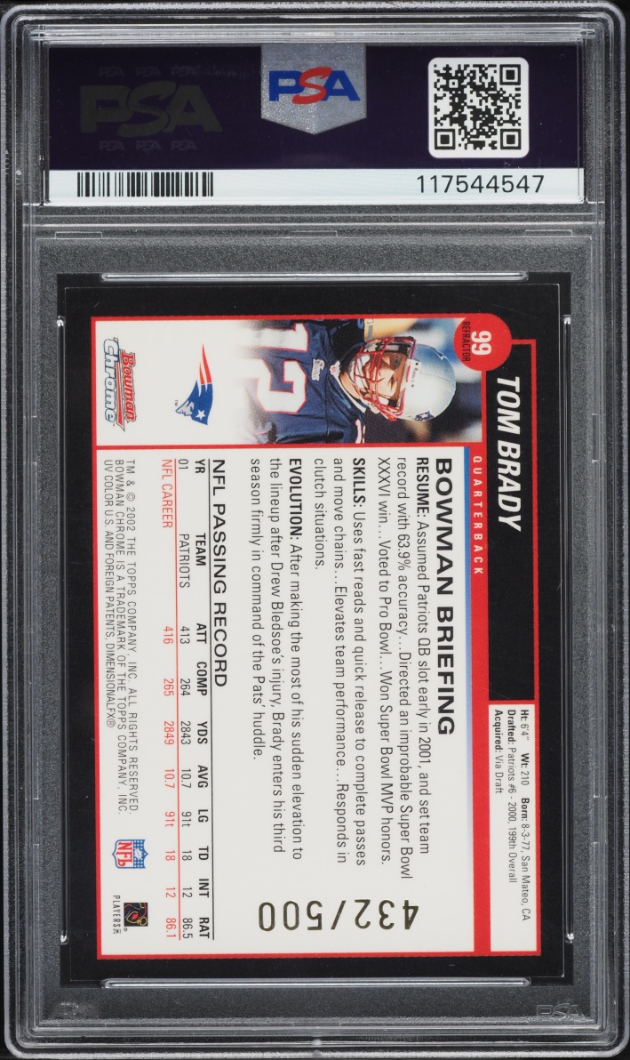 2002 Bowman Chrome Refractor Tom Brady /500 #99 PSA 8 NM-MT