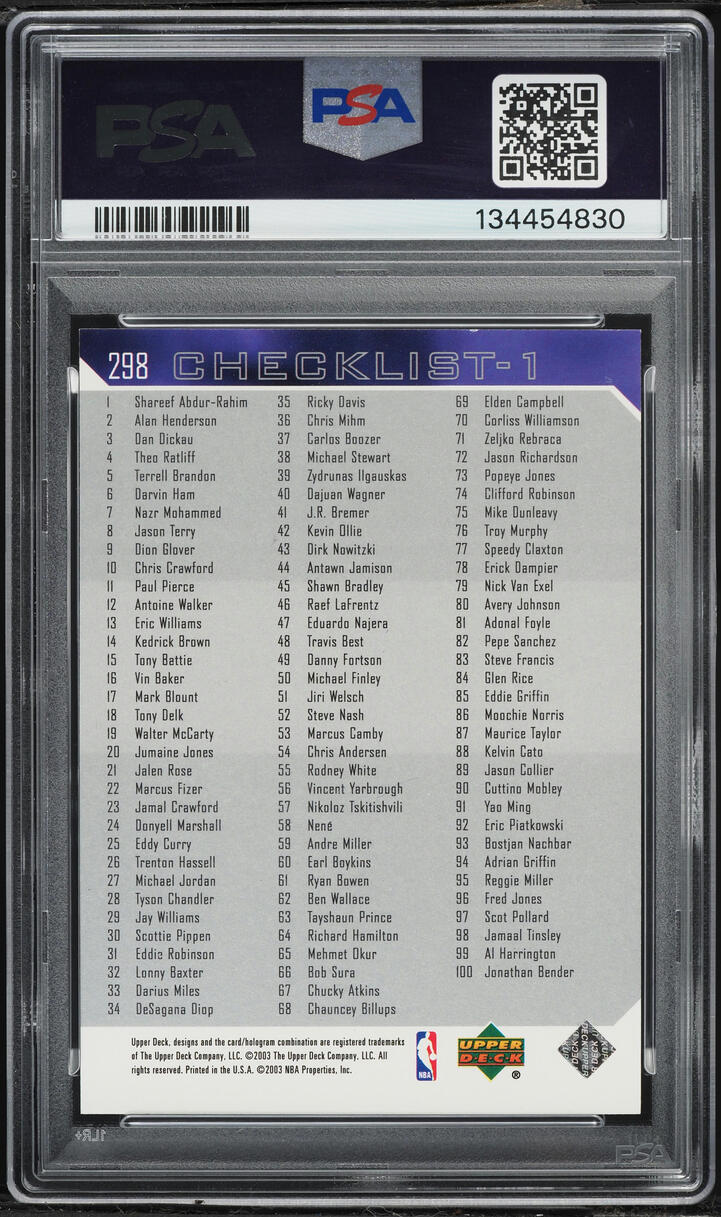 2003 Upper Deck Basketball Checklist Kobe Bryant #298 PSA 8 NM-MT