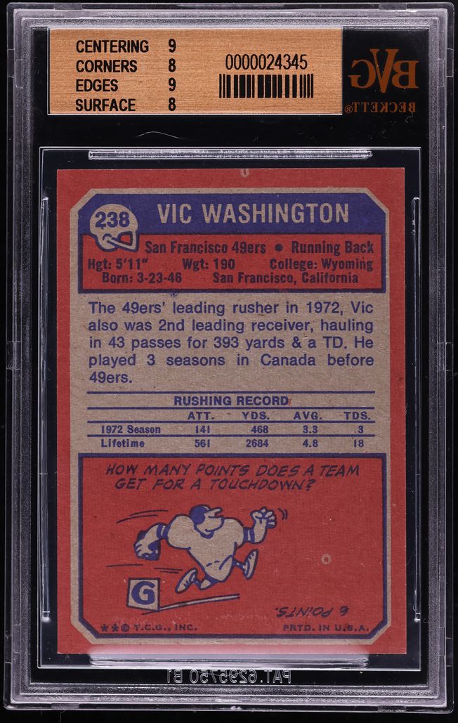 1973 Topps Football Vic Washington #238 BVG 8 NM-MT