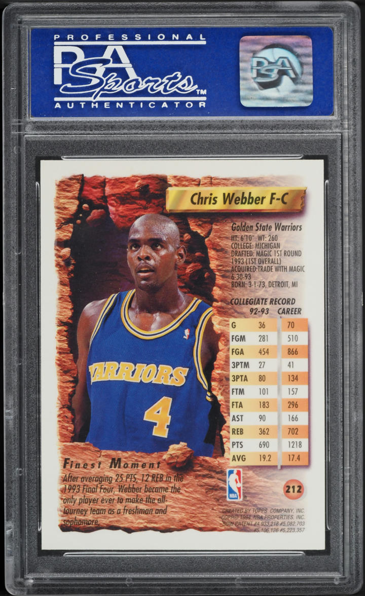 1993 Finest Refractor Chris Webber ROOKIE #212 PSA 10 GEM MINT