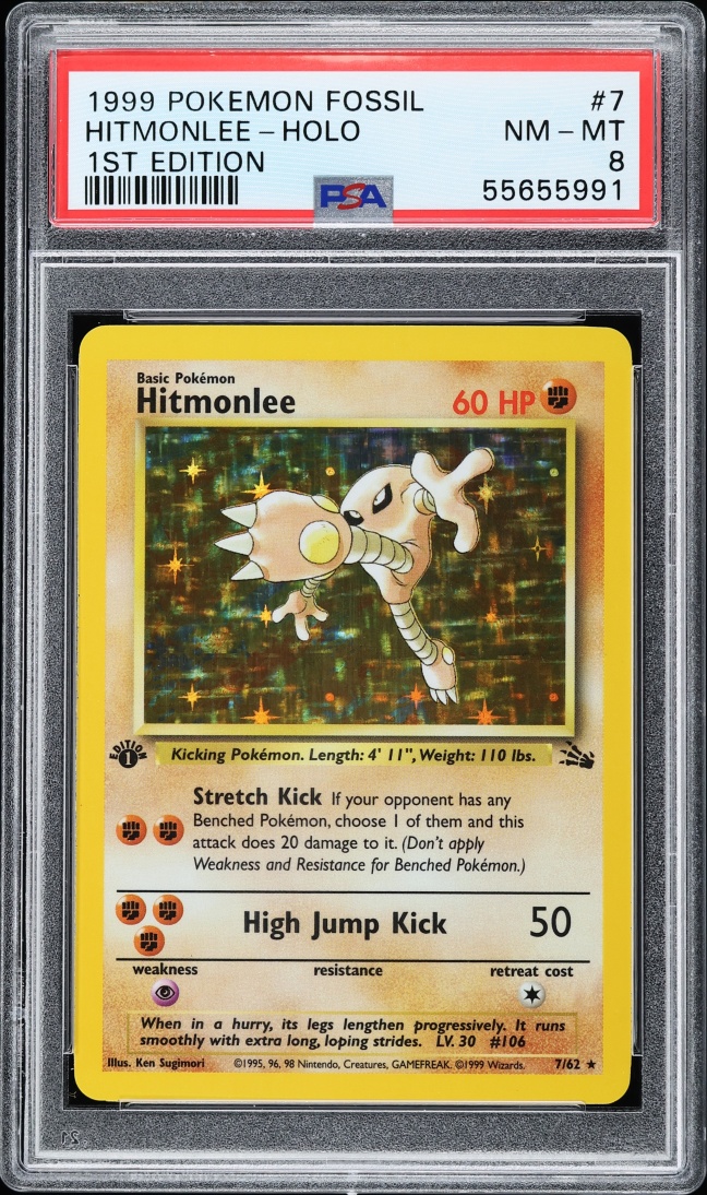 1999 Pokemon Fossil 1st Edition Holo Hitmonlee #7 PSA 8 NM-MT