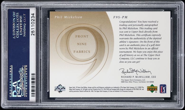2002 SP Game Used Front 9 Fabric Phil Mickelson PATCH AUTO /100 #F9S-PM PSA 10 GEM MINT - Photo 2