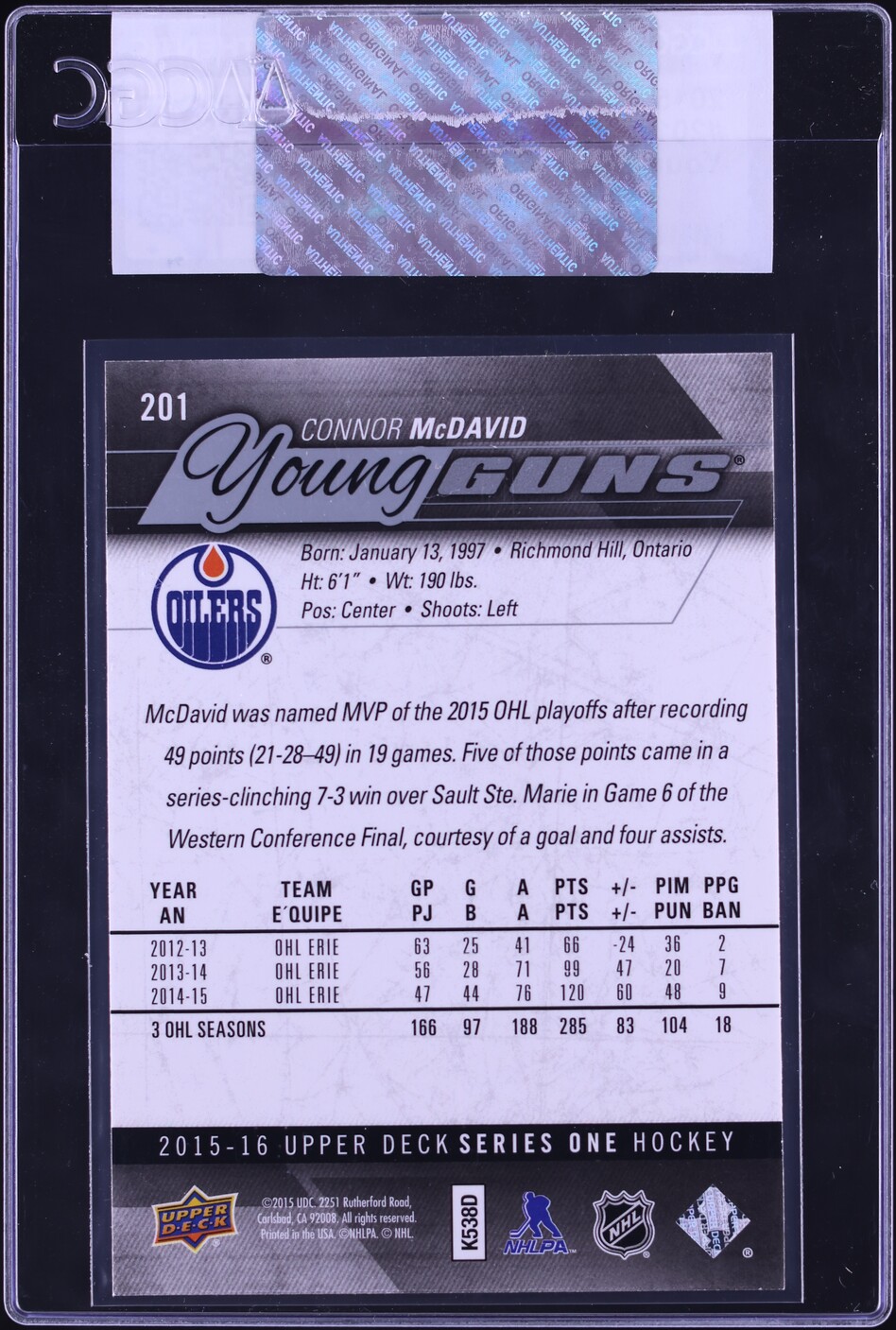 2015 Upper Deck Young Guns Connor McDavid ROOKIE #201 CGC AUTH