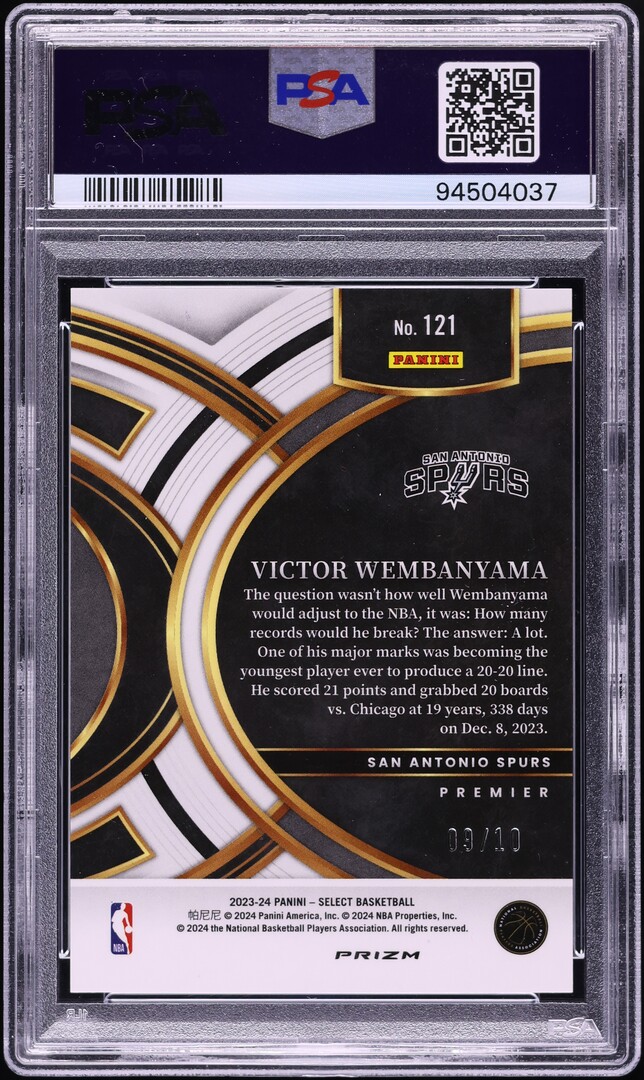 2023 Select Premier Gold Tectonic Victor Wembanyama ROOKIE /10 #121 PSA 10 GEM