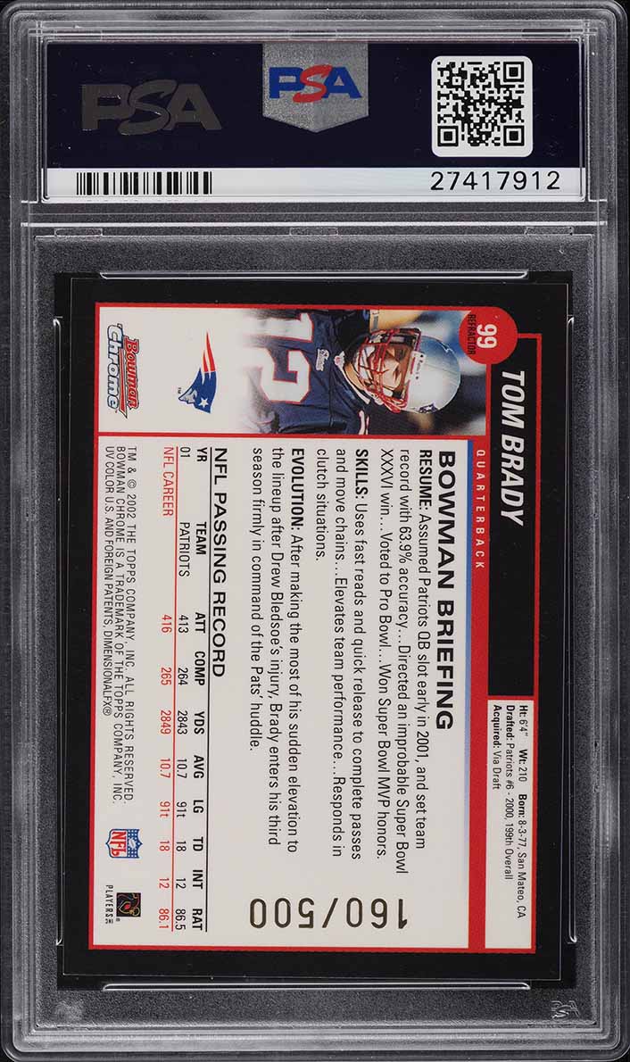 2002 Bowman Chrome Refractor Tom Brady /500 #99 PSA 9 MINT