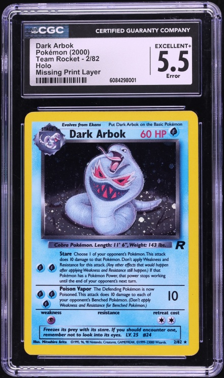 2000 Pokemon Team Rocket Missing Print Layer Error Holo Dark Arbok #2 CGC 5.5 EX+