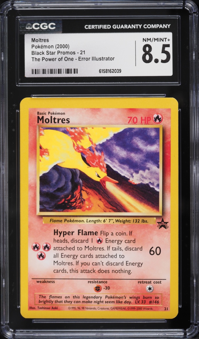 2000 Pokemon Black Star Promo The Power Of One Error Illustrator Moltres #21 CGC 8.5 NM-MT+
