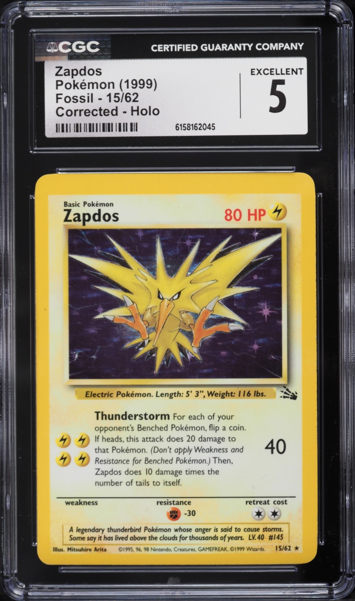 1999 Pokemon Fossil Corrected Holo Zapdos #15 CGC 5 EX