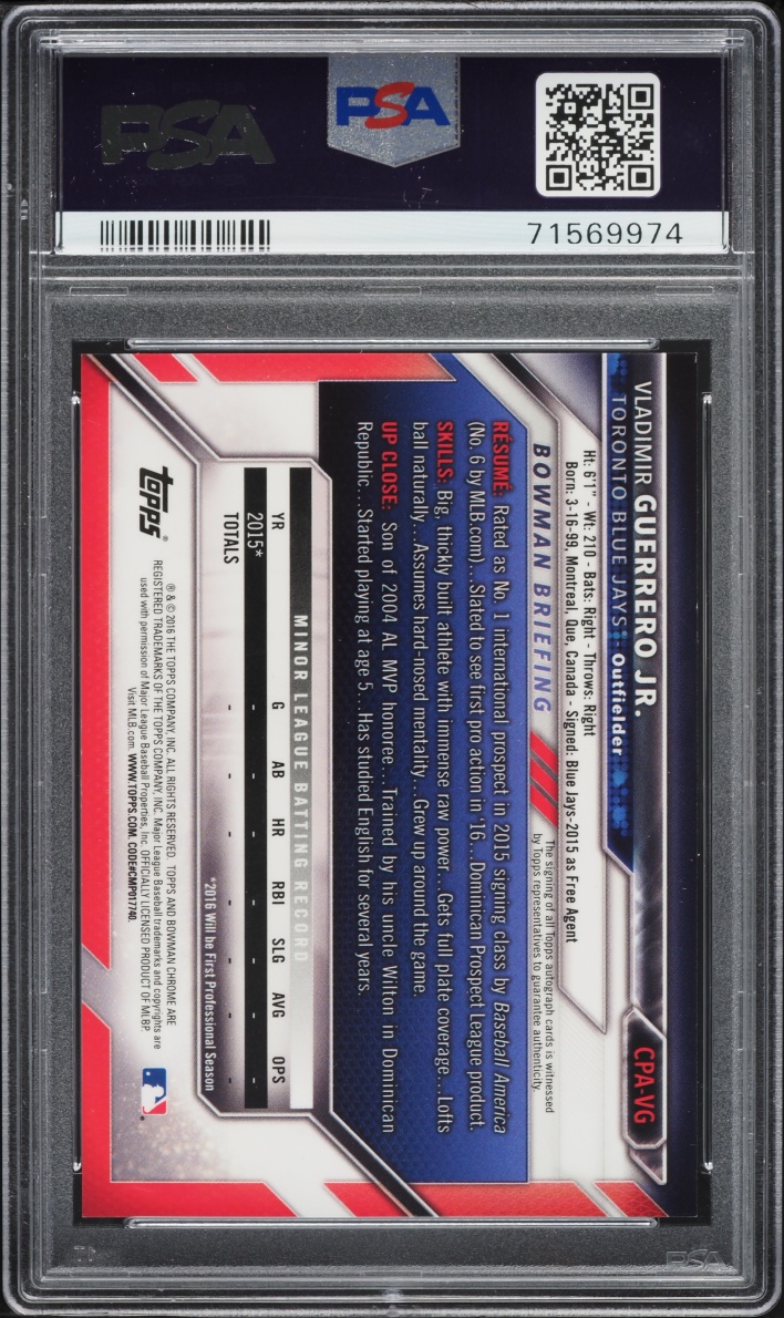 2016 Bowman Chrome Vladimir Guerrero Jr. PROSPECT AUTO #CPA-VG PSA 10 GEM MINT