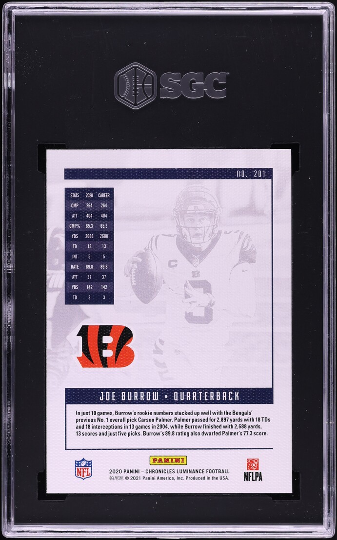 2020 Panini Chronicles Luminance Pink Joe Burrow ROOKIE #201 SGC 10 GEM MINT
