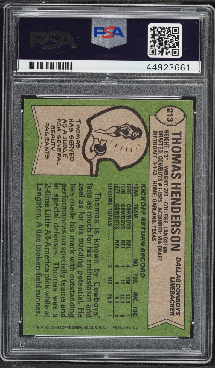 1978 Topps Football Thomas Hollywood Henderson ROOKIE #213 PSA 9 MINT