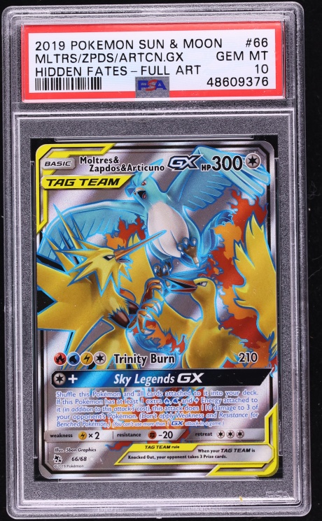 2019 Pokemon Sun & Moon Hidden Fates Full Art Moltres Zapdos Articuno GX #66 PSA 10 GEM MINT