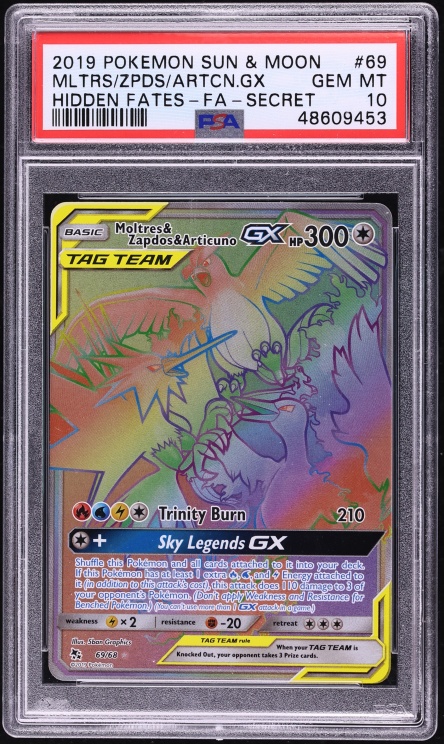 2019 Pokemon Sun & Moon Hidden Fates Rainbow Rare Moltres & Zapdos & Articuno GX #69 PSA 10 GEM