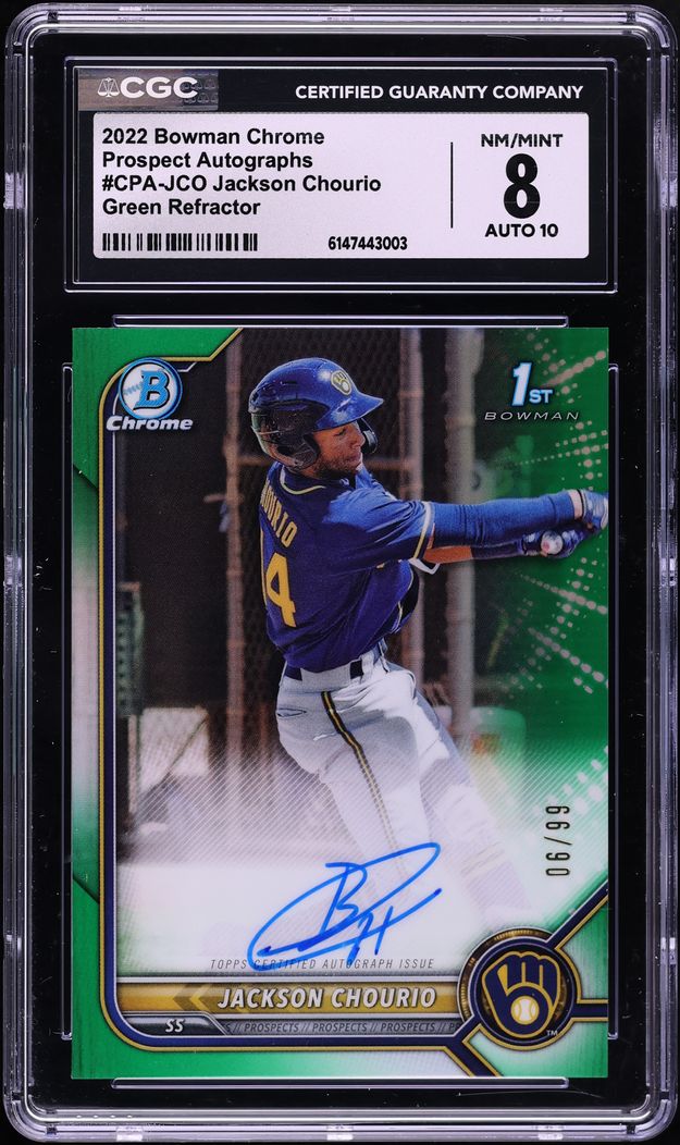 2022 Bowman Chrome Green Refractor Jackson Chourio PROSPECT AUTO /99 #CPA-JCO CGC 8 NM-MT