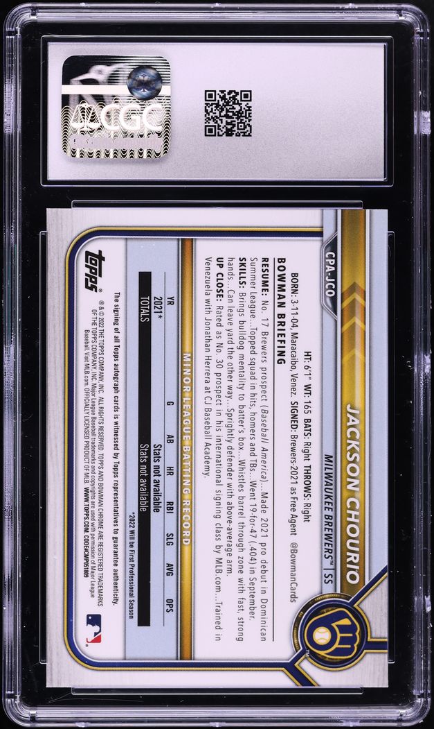 2022 Bowman Chrome Green Refractor Jackson Chourio PROSPECT AUTO /99 #CPA-JCO CGC 8 NM-MT