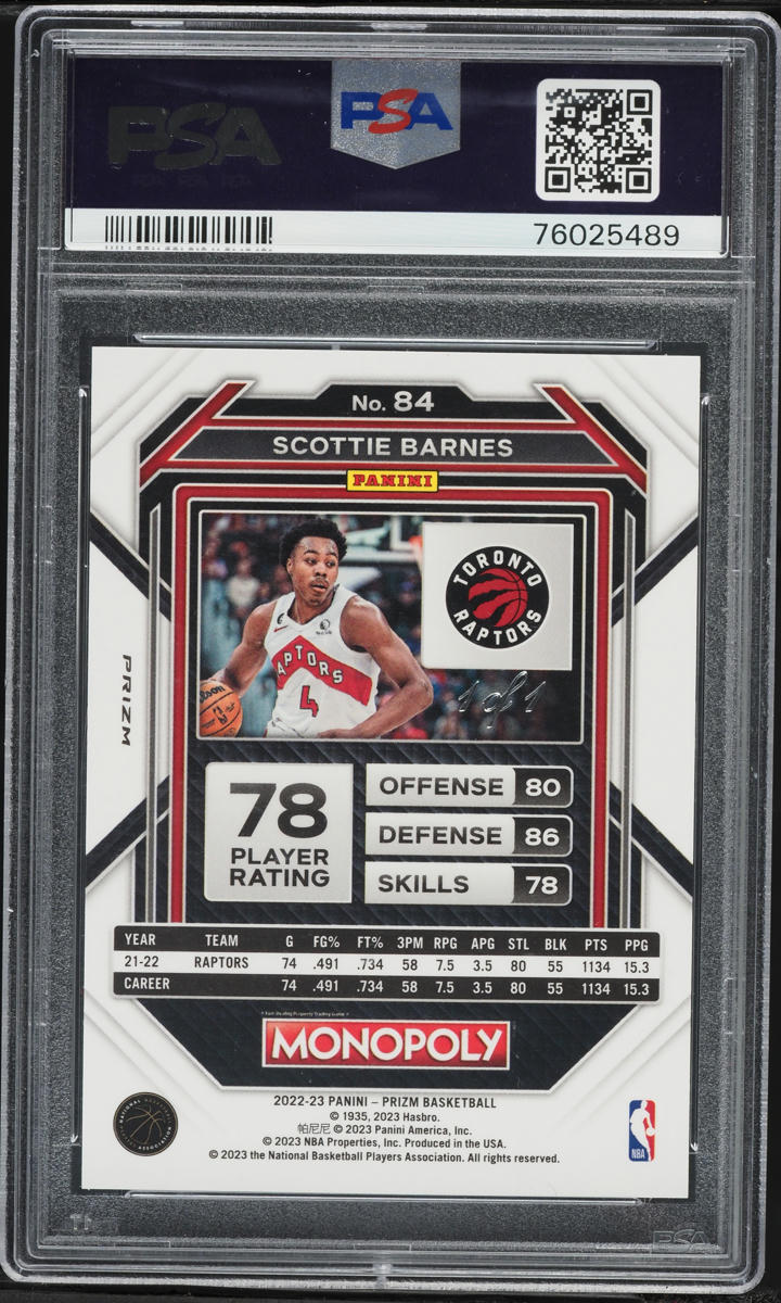 2022 Panini Prizm Monopoly Black Scottie Barnes 1/1 #84 PSA 9 MINT