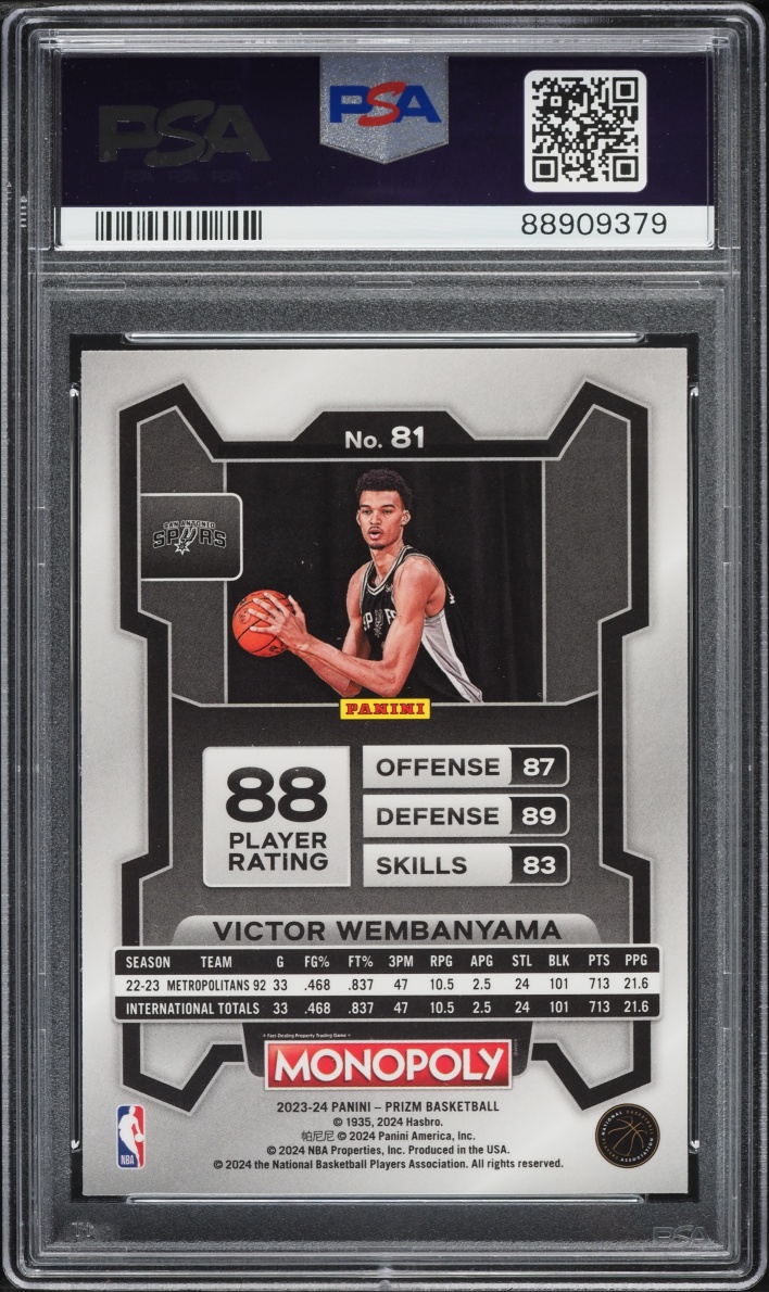 2023 Panini Prizm Monopoly Victor Wembanyama ROOKIE #81 PSA 9 MINT