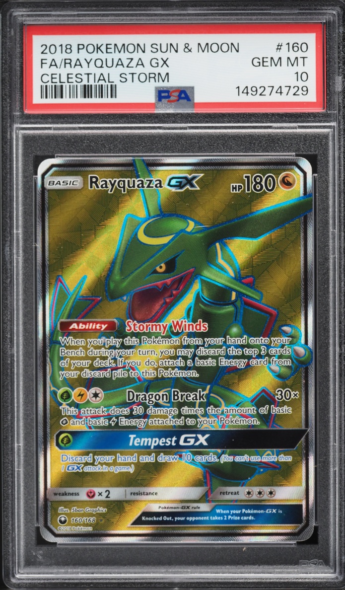 2018 Pokemon Sun & Moon Celestial Storm Full Art Rayquaza GX #160 PSA 10 GEM MINT