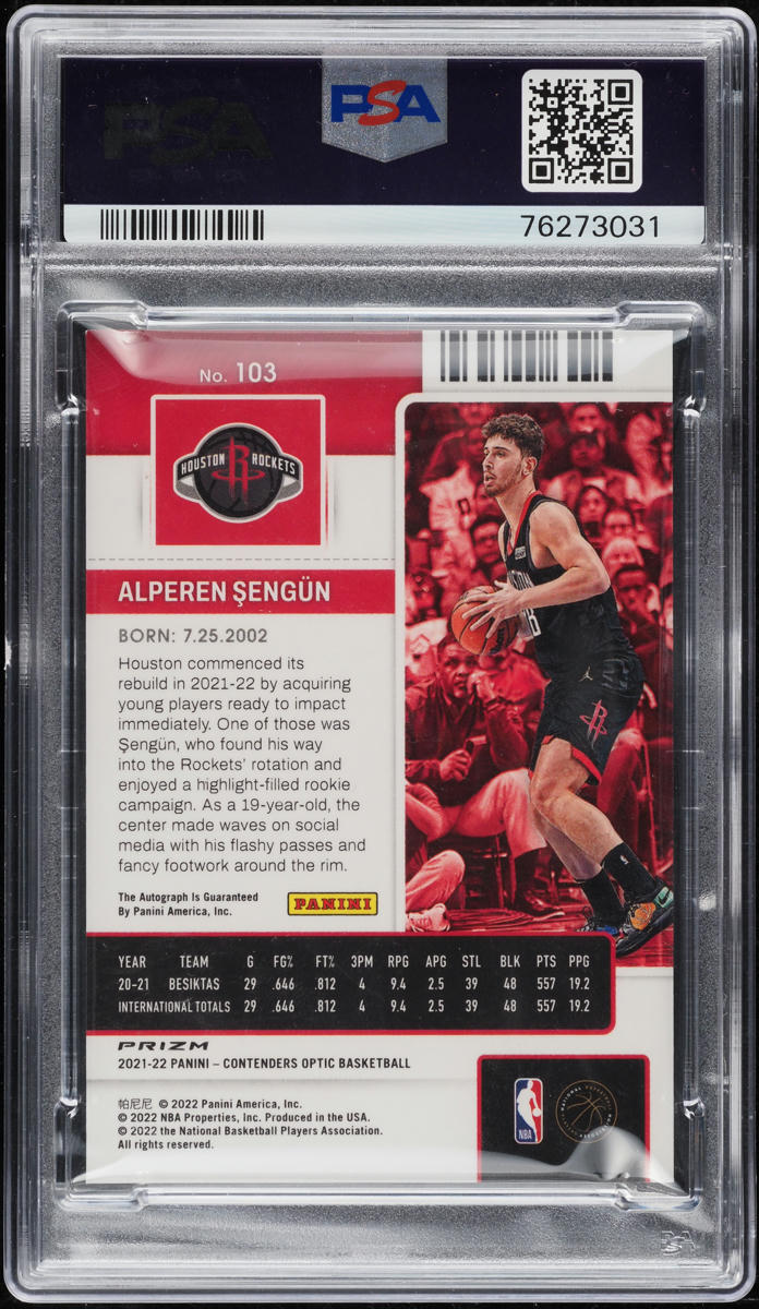 2021 Panini Contenders Optic Alperen Sengun ROOKIE AUTO #103 PSA 9 MINT