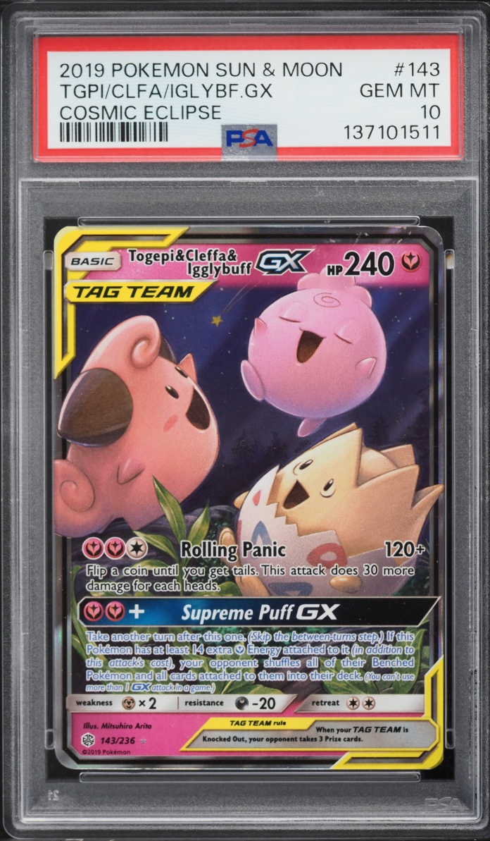 2019 Pokemon Sun & Moon Cosmic Eclipse Togepi Cleffa Igglybuff GX #143 PSA 10 GEM MINT