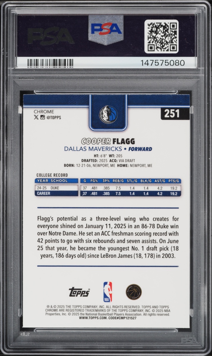 2025 Topps Chrome Raywave Cooper Flagg ROOKIE #251 PSA 10 GEM MINT