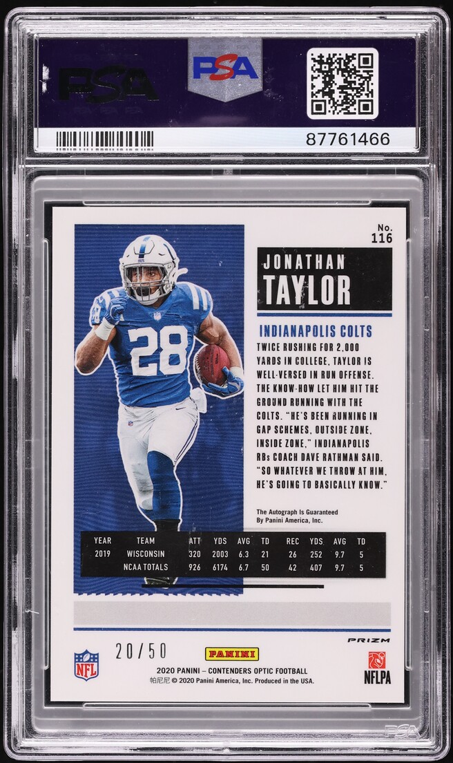 2020 Panini Contenders Optic Orange Jonathan Taylor ROOKIE AUTO /50 #116 PSA 10 GEM MINT